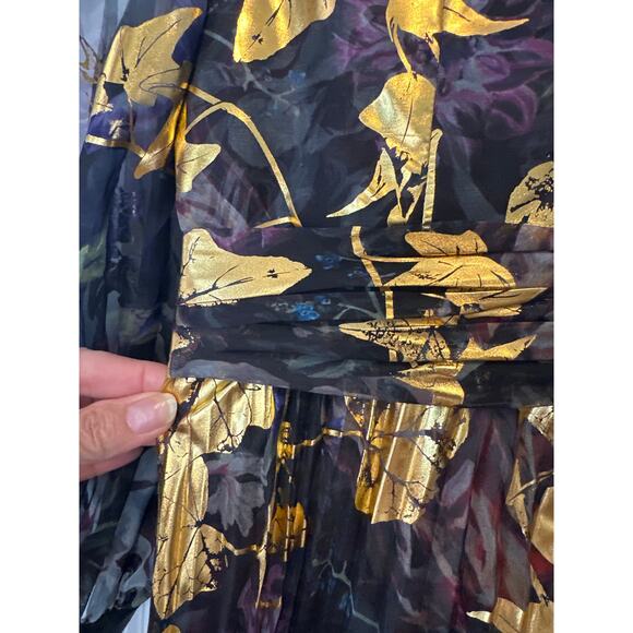 Marchesa Notte Foiled Floral Chiffon Gown Black Gold Metallic Long Sleeve Size 2 - Picture 10 of 11